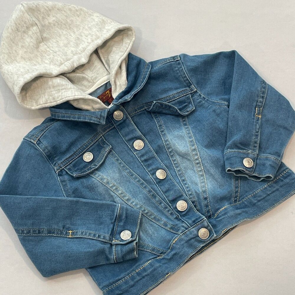 ~ 7 For All Mankind 2T Jean Jacket Kids Hood Layered Snaps Long Sleeve *FLAW